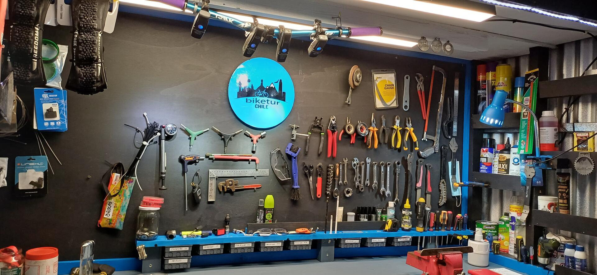 Biketur bike repair workshop Santiago Chile — professional tools and equipment